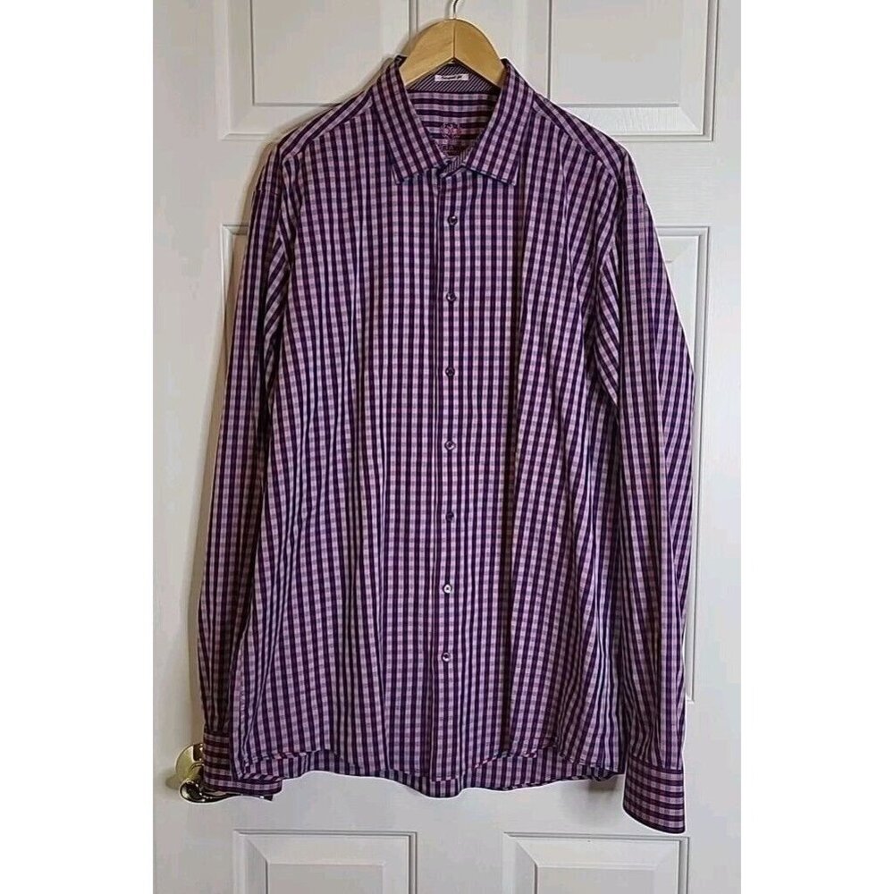 Bugatchi Uomo Men's XXL Blue‎ Purple & Pink Checkered Long Sleeve Cotton Shirt